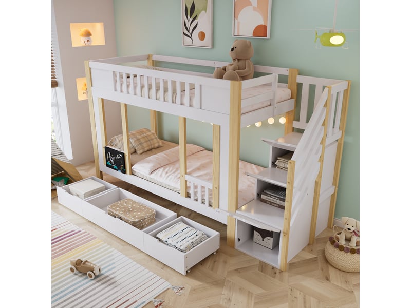 Lit superposé enfant 2 × 90 × 200 cm avec escalier rangement et 3 tiroirs, blancnaturel IKSETERA TRADING LTD - Conforama B