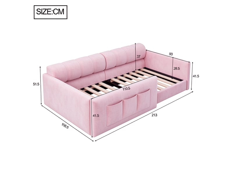  Lit banquette enfant 90x200cm en velours rose, tête de lit rembourrée avec poches de rangement, 12 lattes, structure métal et mdf pour chambre moderne  - Conforama D