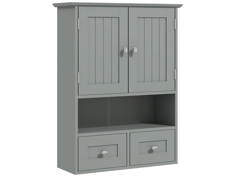  Armoire murale de salle de bain grise avec portes, étagère et 2 tiroirs  - Conforama A
