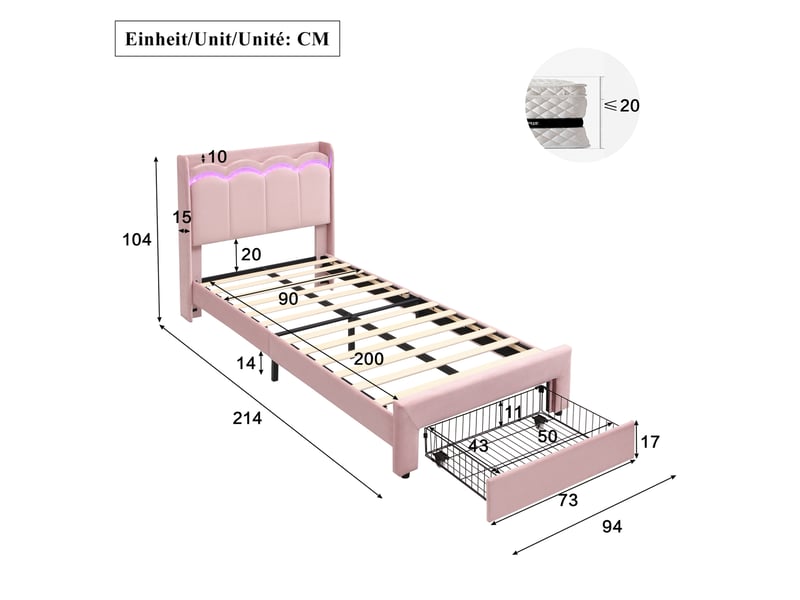  Lit enfant 90x200 cm avec tiroir, led contrôlée par application, velours rose, sans matelas  - Conforama C