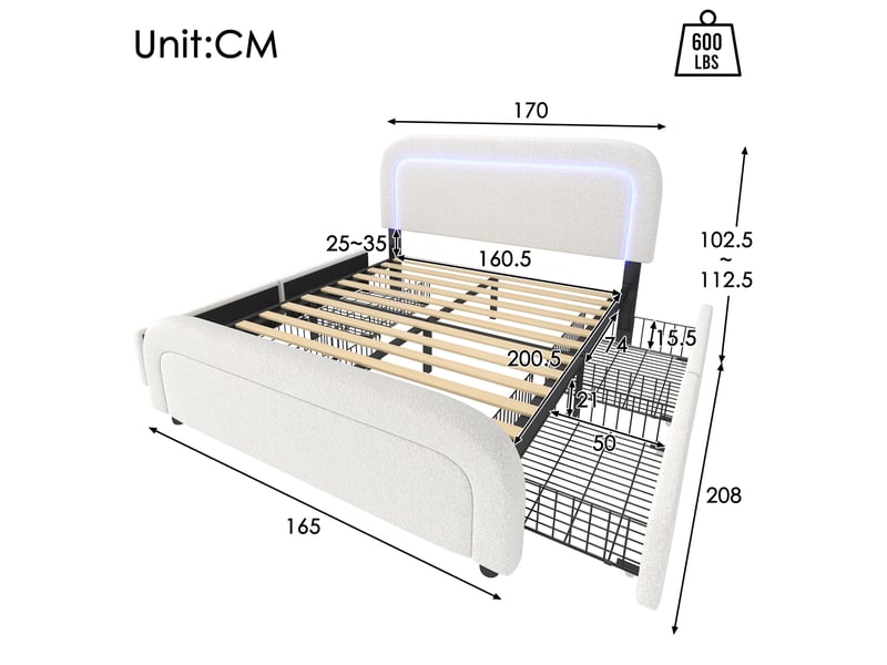 Lit double 160x200 cm en sherpa blanc avec usb-c, led, 4 tiroirs et matelas inclus - Conforama C