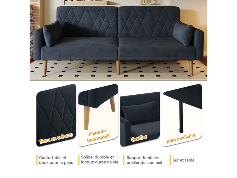 Canapé convertible 2 places noir en velours, design moderne avec dossier inclinable et accoudoirs réglables pour salon - Conforama E