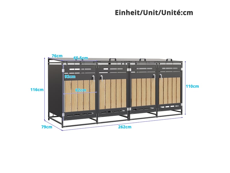  Cache-poubelles 4 compartiments avec couvercle hydraulique, panneaux bois vertical, métal noir  - Conforama C