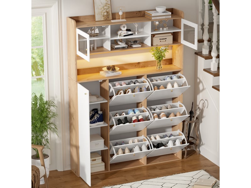  Meuble à chaussures étroit 130x25x85 cm avec porte battante et led, panneau de particules blanc  - Conforama B