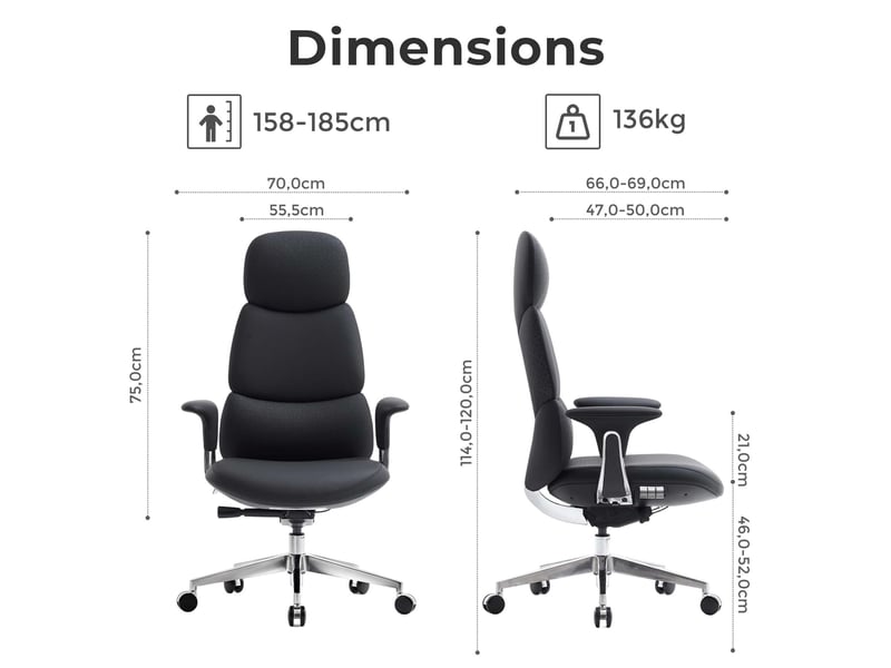  Fauteuil de bureau en cuir 70x66x114 cm – noir – inclinaison 135°, assise coulissante et verrouillage  - Conforama B