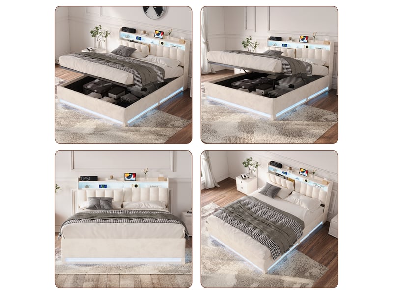  Lit double 140 x 200, lit coffre 140 x 200, éclairage led, port usb et type-c, table de chevet avec rangement, tissu de velours, beige  - Conforama C