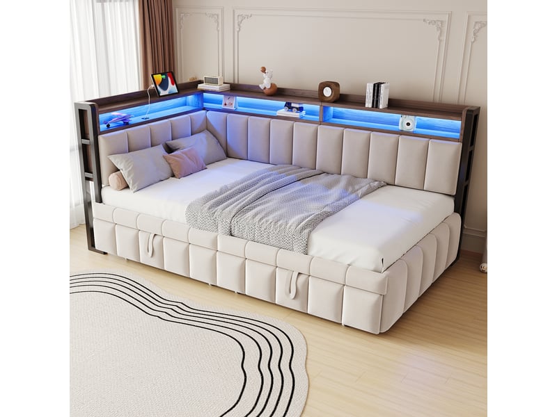  Canapé-lit convertible 90x200 cm avec lit gigogne, tissu velours beige, lit simple avec éclairage led et ports usb et type-c  - Conforama C