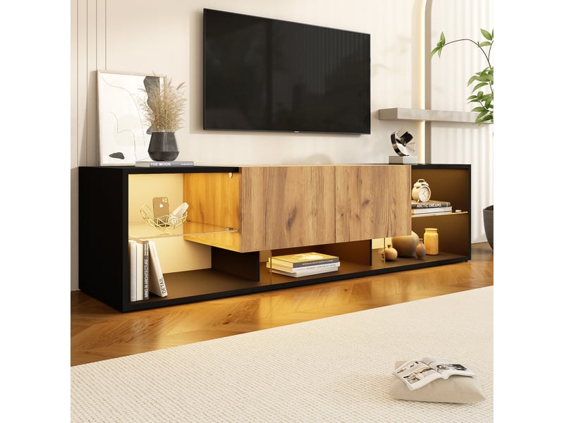  Meuble tv noir moderne pour écran jusqu’à 70 pouces – 3 plateaux en verre et 2 tiroirs  - Conforama D