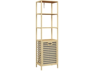 Étagère de salle de bain 44x33x160 cm – bambou naturel – 3 étagères avec panier à linge basculant