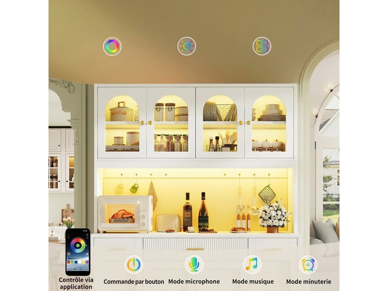  Buffet de cuisine haut blanc 120 cm avec led rgb et 3 vitrines en verre  - Conforama E