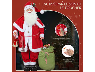Figurine de père noël, debout de père noël rouge traditionnelle avec sac de cadeaux, effets sonores et cloche 140 cm