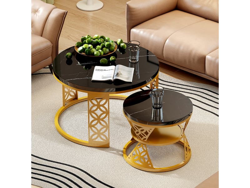  Table basse gigogne ronde 70x70x4545x45x37 cm, coloris noir et doré  - Conforama C