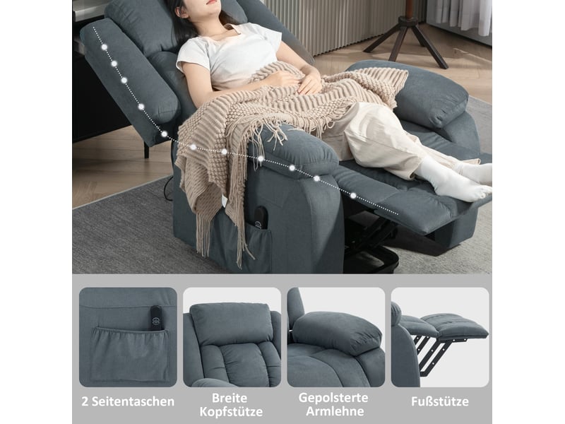  Fauteuil releveur électrique en velours gris avec inclinaison 150 degrés, repose-pieds, télécommande  - Conforama E