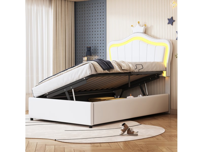  Modenvie lit coffre enfant 90x200 cm - avec led et rangement hydraulique, sans matelas - blanc  - Conforama E