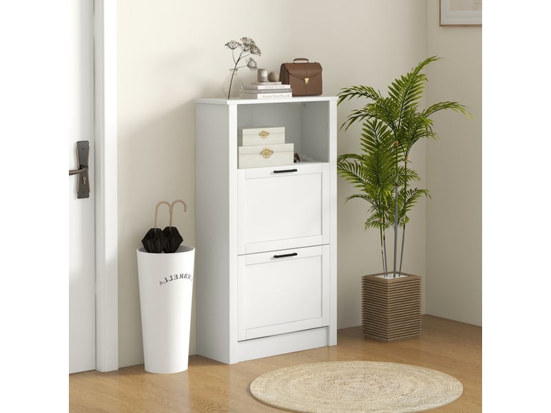 Meuble à chaussures étroit à 2 portes, étagères réglables et compartiment ouvert pour 10 paires de chaussures, 58 x 24 x 105 cm, blanc - Conforama C