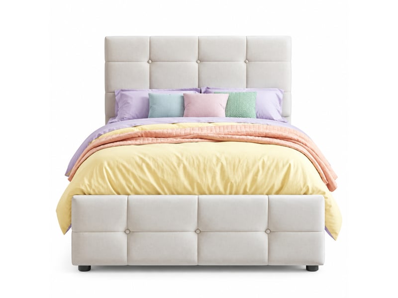  Lit coffre enfant en velours beige, lit simple avec rangement hydraulique et tête réglable, 200x90 cm, sans matelas  - Conforama A