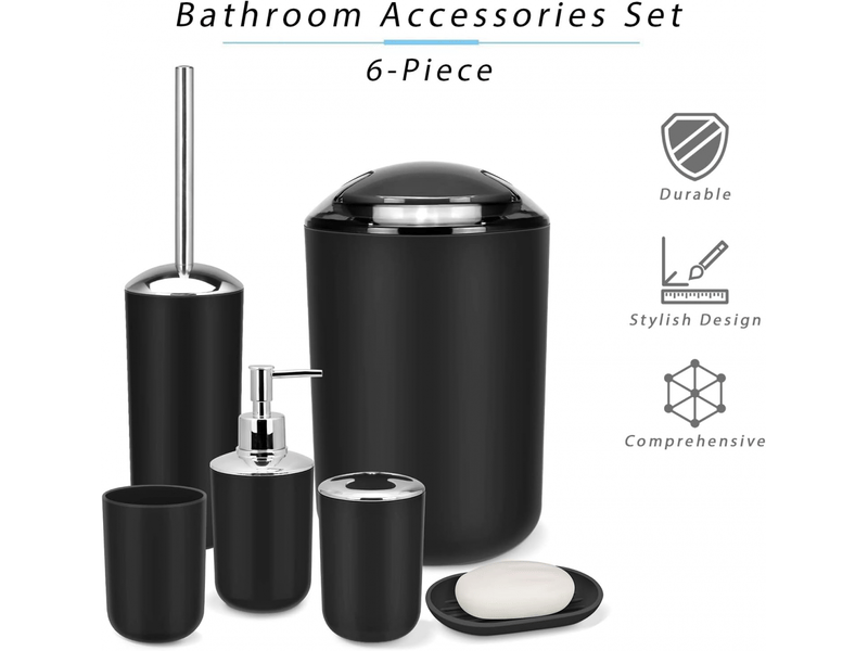  Ensemble d'accessoires de salle de bain 6 pièces avec poubelle, distributeur de savon, porte-savon, noir  - Conforama C