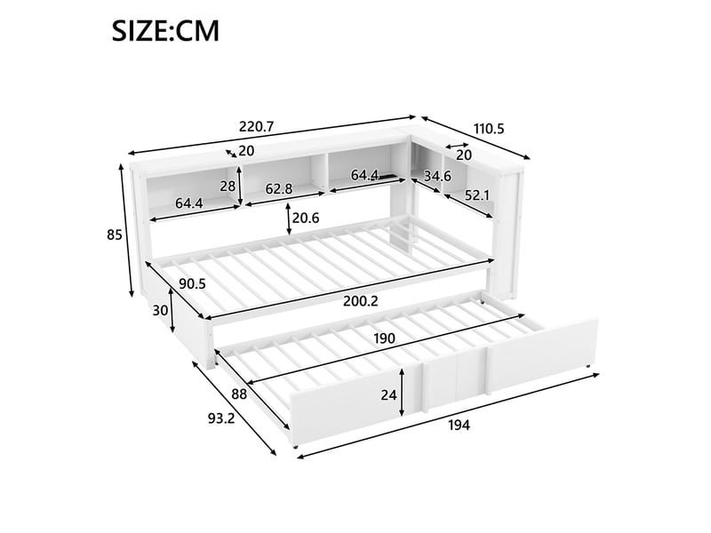  Canapé-lit 90x200 cm avec éclairage led et prise usb, lit adulte avec lit gigogne, noir, lit 1 personne  - Conforama W