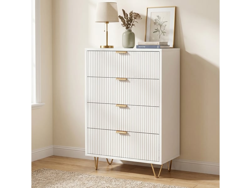 Commode chambre, commode blanche 60 cm, 4 tiroirs, meuble de rangement avec façades texturées et pieds dorés, style moderne, blanc - Conforama B