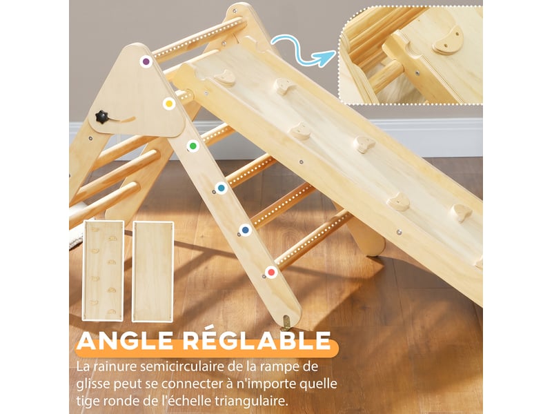 Triangle d'escalade, 3 en 1 en bois pour grimper et glisser, charge max. 50 kg, pour 18-48 mois, bois naturel - Conforama R