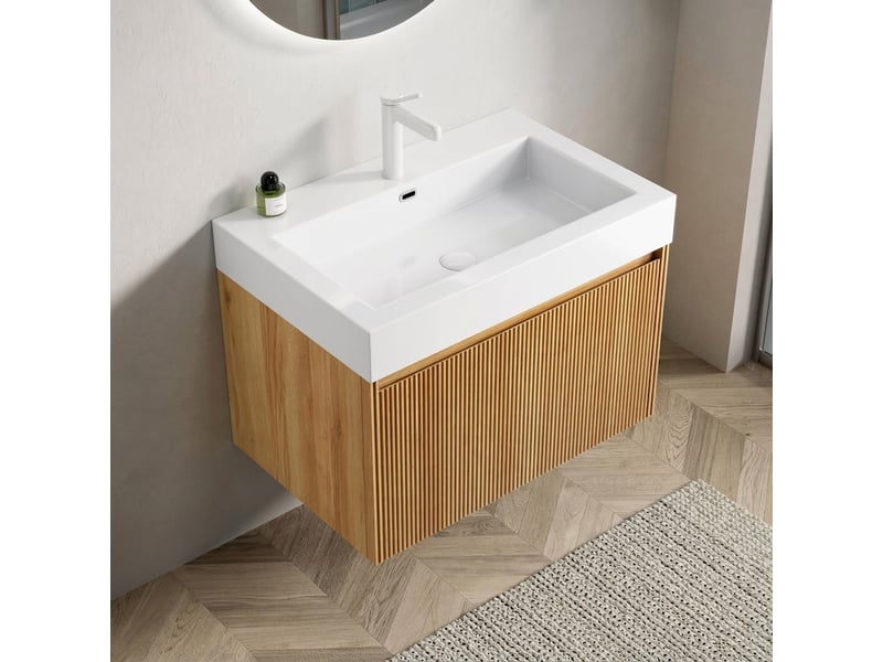  Meuble salle de bain suspendu 70 cm vasque intégrée en résine blanche bois naturel  - Conforama B