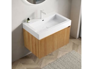 Meuble salle de bain suspendu 70 cm vasque intégrée en résine blanche bois naturel