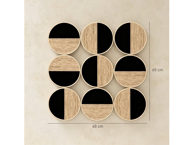  Décoration murale 3d à neuf disques avec éléments réfléchissants en métal, mdf et plastique noir naturel 60 × 60 cm  - Conforama D