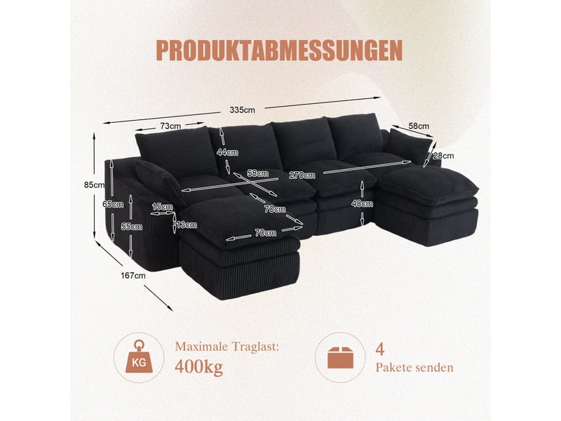  Canapé d'angle modulaire 4 places en velours côtelé noir avec 2 poufs et poches latérales, confort durable  - Conforama C