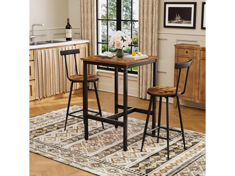  Ensemble table de bar 60x60x92 cm et 2 tabourets avec dossier, style industriel marron rustique  - Conforama B