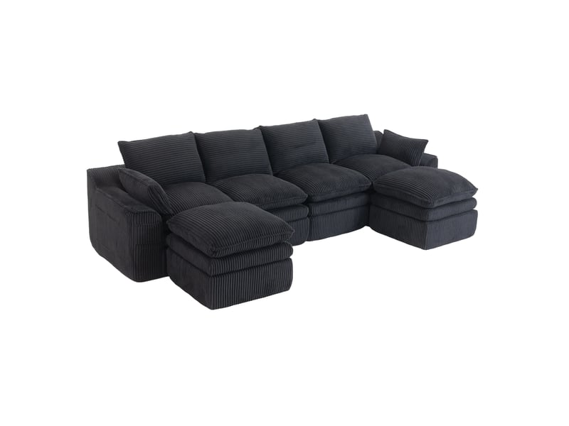  Canapé modulable ulevr 4 places en velours côtelé noir 335 x 167 x 85 cm, avec 2 poufs et poches latérales  - Conforama A
