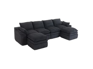Canapé modulable ulevr 4 places en velours côtelé noir 335 x 167 x 85 cm, avec 2 poufs et poches latérales