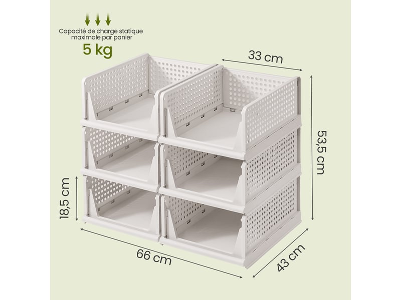  Organisateur d’armoire pliable, tiroir coulissant empilable, lot de 6, blanc  - Conforama D