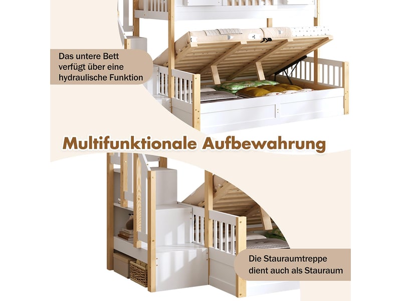  Lit d'enfant 90 × 200 + 140 × 200 cm, en bois massif, avec éclairage led et échelle de rangement, blanc + couleur bois naturel  - Conforama R