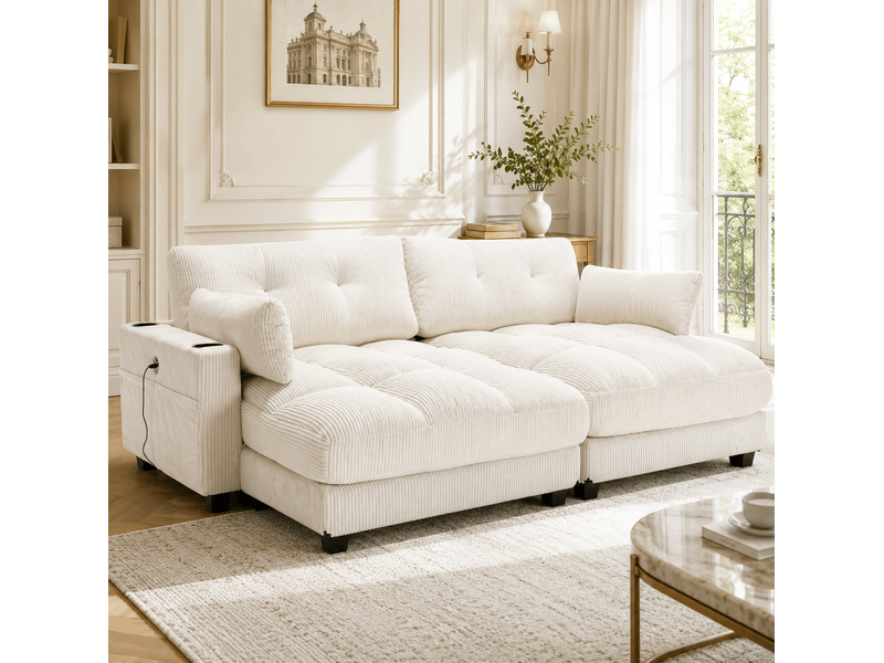  Canapé modulable modenvie 2 places en velours côtelé beige, séparable, 2 coussins, ports usb, 4 porte-gobelets et 4 poches latérales, 224 x 140 x 81 cm  - Conforama B