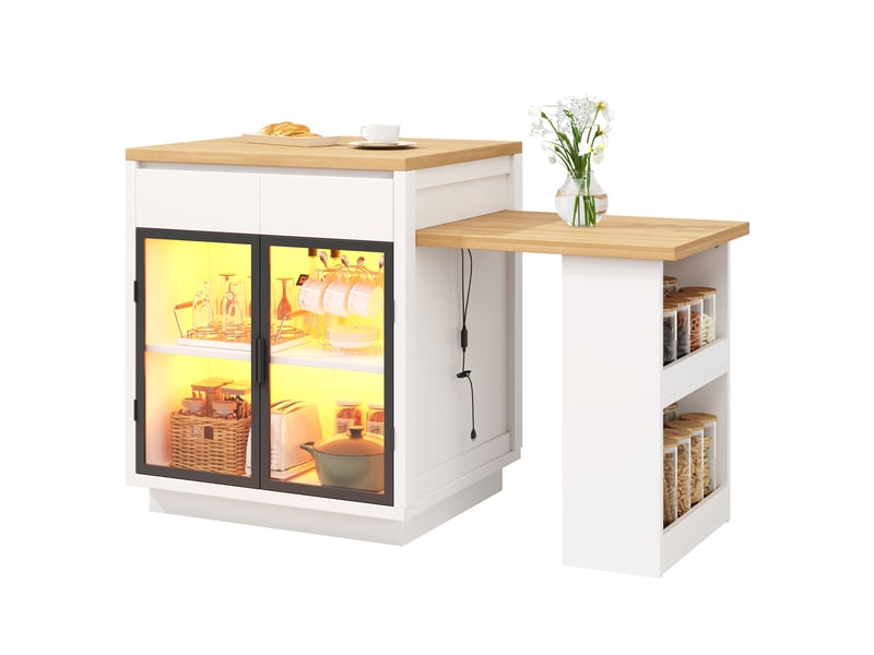  Îlot de cuisine extensible 122–194,5 cm blanc, led, 2 tiroirs, portes vitrées  - Conforama E