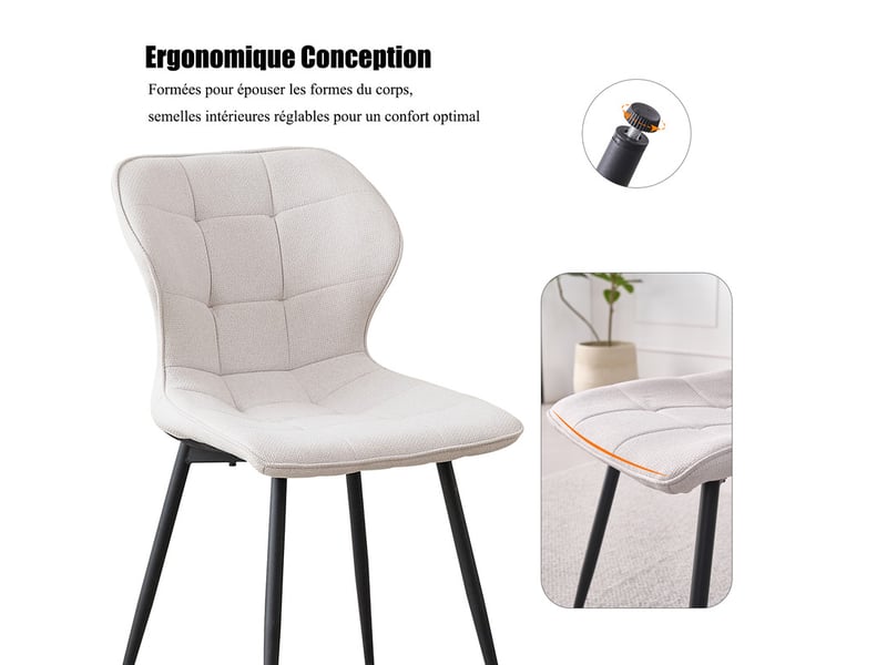  Lot de 2 chaises - pieds en métal - dossier assise rembourrée pour cuisine salon chambre bureau - style rétro - blanc  - Conforama D
