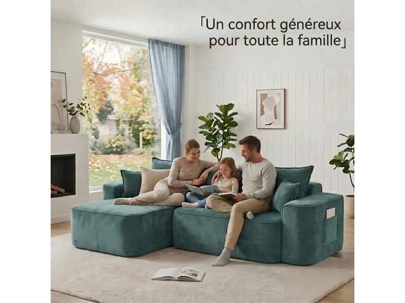  Canapé d'angle vert modulable chenille avec méridienne 262cm - assise profonde 4 places  - Conforama D