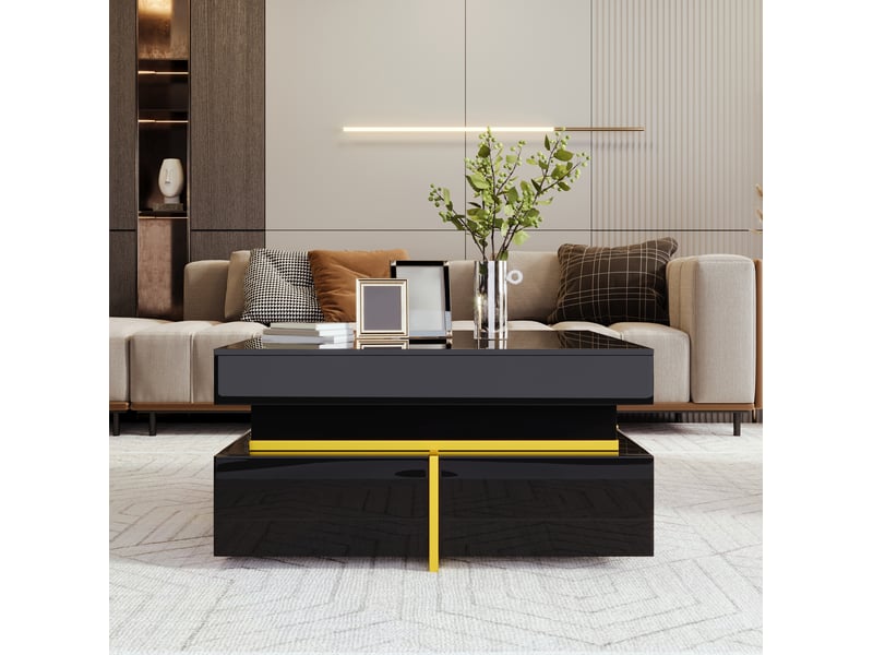  Table basse carrée 70 x 70 cm noire brillante, 2 tiroirs et accents dorés  - Conforama D
