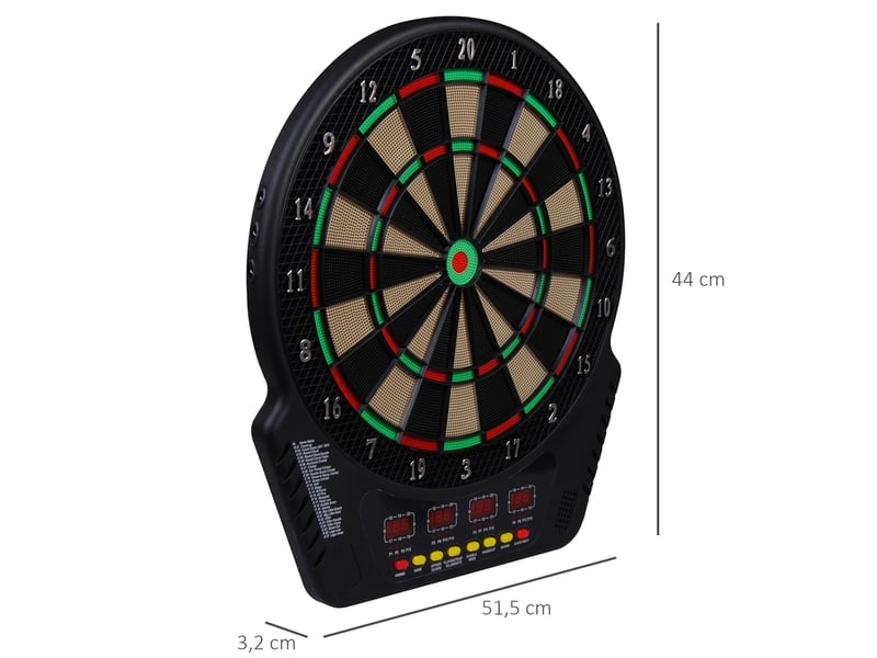 Cible fléchettes électronique 44×51,5×3,2 cm, écran led, comptage auto, sons, 6 fléchettes, 24 pointes, 27 jeux, 243 variantes, 16 joueurs - Conforama D