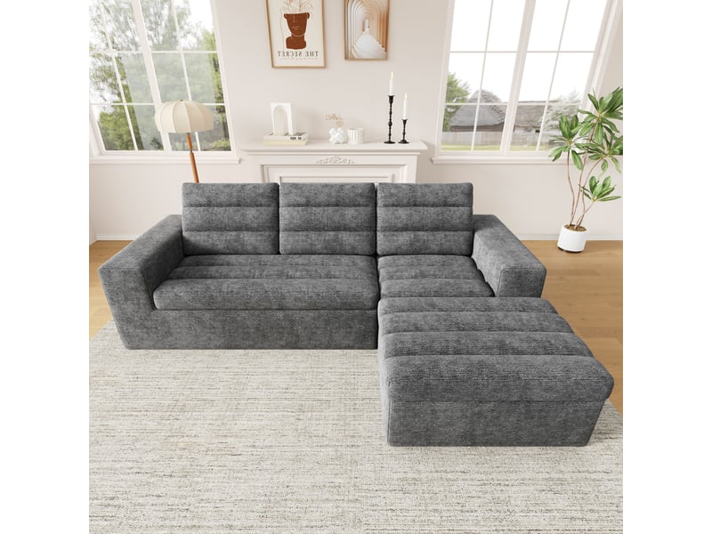  Canapé d'angle modulable 4 places avec pouf - chenille gris clair - 253x161 cm - sans cadre  - Conforama D