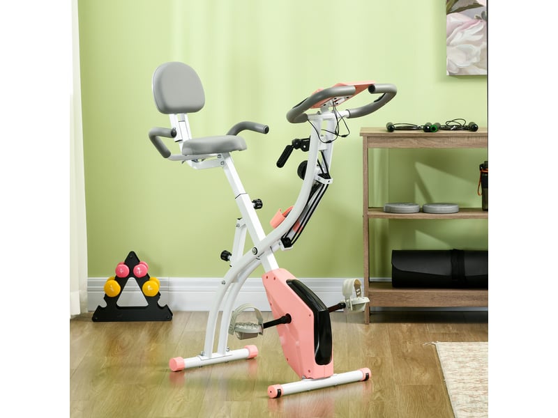 Vélo appartement pliable, hauteur réglable, résistance magnétique, lcd, dossier, cardio, max 120 kg, 105x48x118 cm, rose. - Conforama D