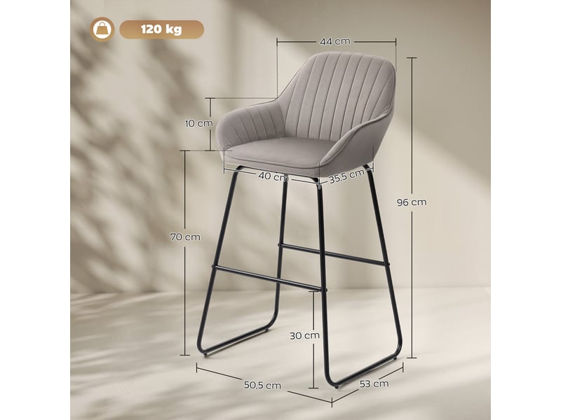  Ensemble de 2 tabourets de bar, chaises de bar avec revêtement en tissu et rembourrage en mousse, tabourets rembourrés avec pieds en métal, gris  - Conforama E