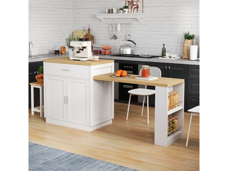 Desserte de cuisine avec table extensible, 2 tiroirs, étagères et prises usb pour cuisine, mdf blanc, 188×55×92 cm - Conforama B