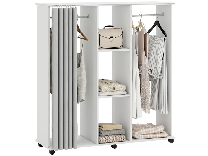  Armoire penderie meuble de rangement mobile 6 roulettes 120l x 40l x 128h cm en bois blanc  - Conforama A