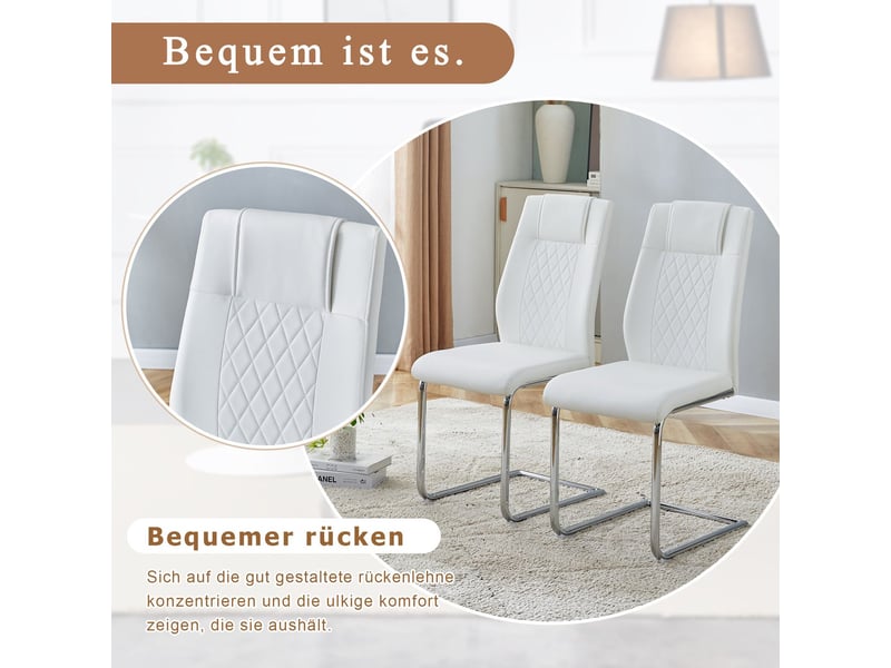 Lot de chaises 4 pièces chaise scandinave à dossier aspect résille revêtement en polyuréthane blanc pieds en métal argenté brillant et patins antidérapants style intemporel et polyvalent - Conforama E