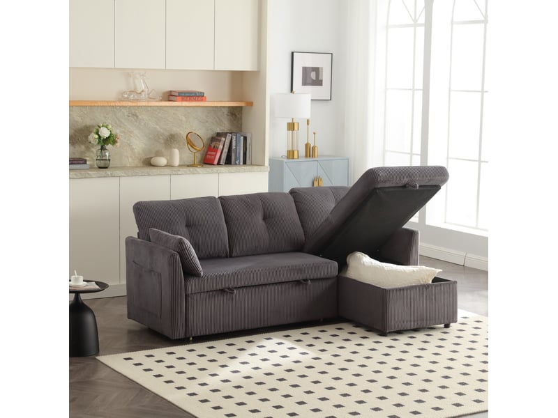  Canapé d’angle convertible modenvie 3 places en velours côtelé gris foncé avec rangement et méridienne réversible 206 x 108 x 66 cm  - Conforama B