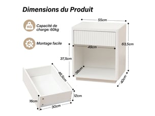 Lot de 2 tables de chevet modernes 55x40x63,5 cm avec 1 tiroir et 1 niche ouverte – bouts de canapé blancs avec façade ondulée et glissières silencieuses – blanc