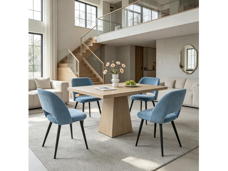  Lot de 4 chaises de salle à manger avec dossier ergonomique et pieds en métal, en velours côtelé bleu  - Conforama B