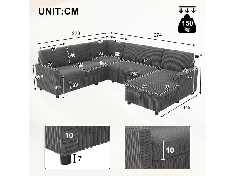  Canapé d'angle convertible en u, grand canapé en velours côtelé gris, lit d'appoint avec méridienne et coffre pour salon, 274x220 cm  - Conforama C