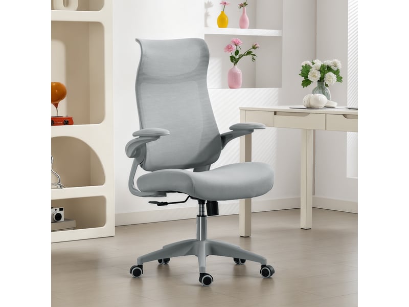  Chaise de bureau ergonomique avec accoudoirs réglables, dossier et appui-tête en maille, grise  - Conforama C